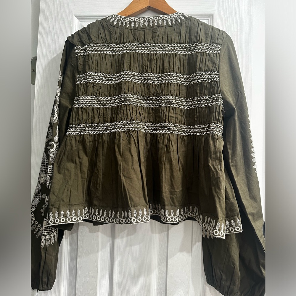 Embroidered Peasant Blouse - Olive Green
